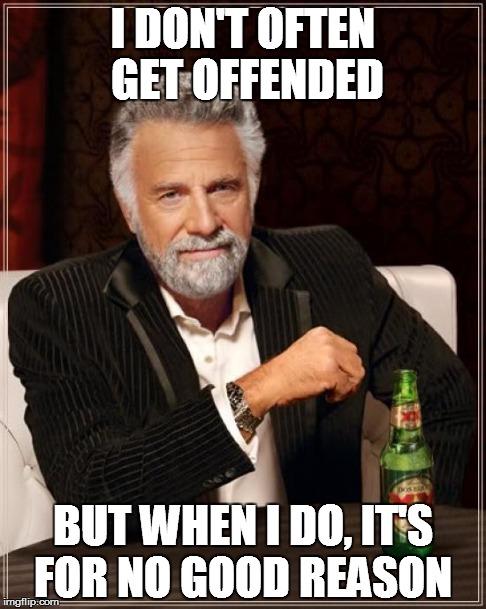 I DON'T OFTEN GET OFFENDED BUT WHEN I DO, IT'S FOR NO GOOD REASON | image tagged in memes,the most interesting man in the world | made w/ Imgflip meme maker