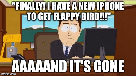 Aaaaand Its Gone | "FINALLY! I HAVE A NEW IPHONE TO GET FLAPPY BIRD!!!" AAAAAND IT'S GONE | image tagged in memes,aaaaand its gone | made w/ Imgflip meme maker