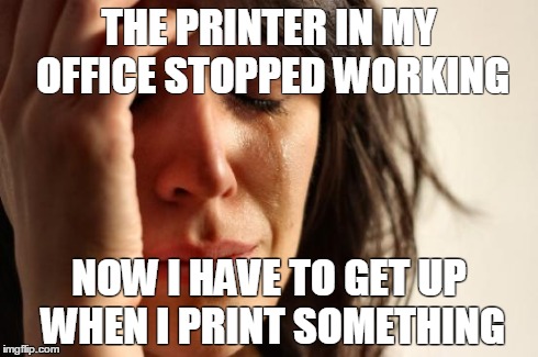First World Problems Meme | THE PRINTER IN MY OFFICE STOPPED WORKING NOW I HAVE TO GET UP WHEN I PRINT SOMETHING | image tagged in memes,first world problems | made w/ Imgflip meme maker