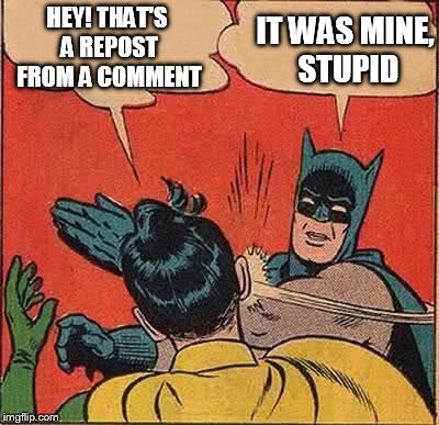 Batman Slapping Robin Meme | HEY! THAT'S A REPOST FROM A COMMENT IT WAS MINE, STUPID | image tagged in memes,batman slapping robin | made w/ Imgflip meme maker