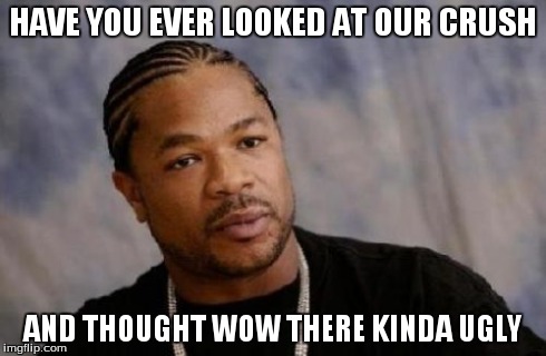 Serious Xzibit | HAVE YOU EVER LOOKED AT OUR CRUSH AND THOUGHT WOW THERE KINDA UGLY | image tagged in memes,serious xzibit | made w/ Imgflip meme maker