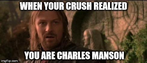 wtf is that boromir | WHEN YOUR CRUSH REALIZED YOU ARE CHARLES MANSON | image tagged in wtf is that boromir | made w/ Imgflip meme maker