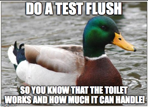 Actual Advice Mallard | DO A TEST FLUSH SO YOU KNOW THAT THE TOILET WORKS AND HOW MUCH IT CAN HANDLE! | image tagged in memes,actual advice mallard | made w/ Imgflip meme maker