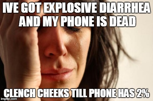 First World Problems Meme | IVE GOT EXPLOSIVE DIARRHEA AND MY PHONE IS DEAD CLENCH CHEEKS TILL PHONE HAS 2% | image tagged in memes,first world problems | made w/ Imgflip meme maker