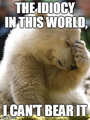 Facepalm Bear | THE IDIOCY IN THIS WORLD, I CAN'T BEAR IT | image tagged in memes,facepalm bear | made w/ Imgflip meme maker