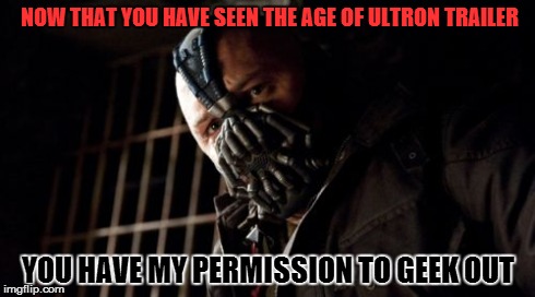 Permission Bane | NOW THAT YOU HAVE SEEN THE AGE OF ULTRON TRAILER YOU HAVE MY PERMISSION TO GEEK OUT | image tagged in memes,permission bane | made w/ Imgflip meme maker