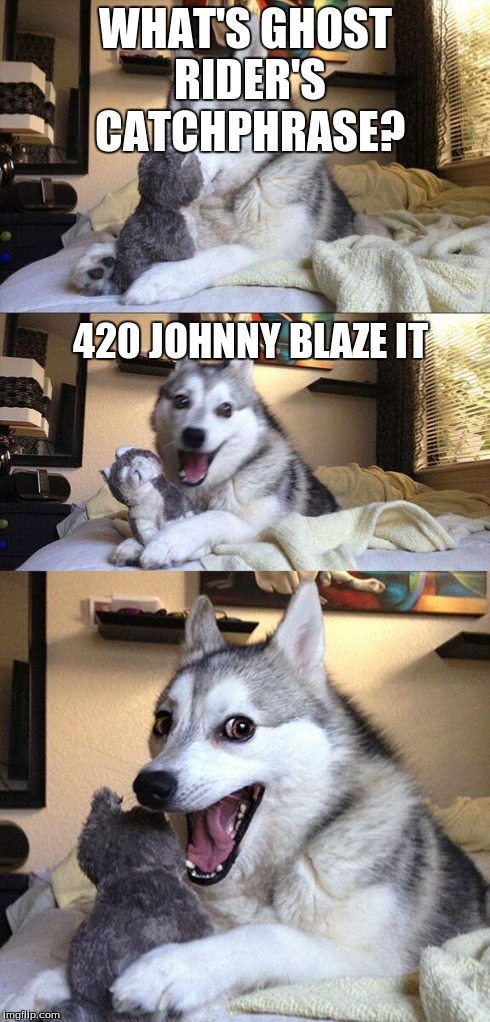 Bad Pun Dog | WHAT'S GHOST RIDER'S CATCHPHRASE? 420 JOHNNY BLAZE IT | image tagged in memes,bad pun dog | made w/ Imgflip meme maker