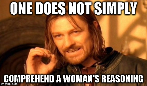 One Does Not Simply | ONE DOES NOT SIMPLY COMPREHEND A WOMAN'S REASONING | image tagged in memes,one does not simply | made w/ Imgflip meme maker