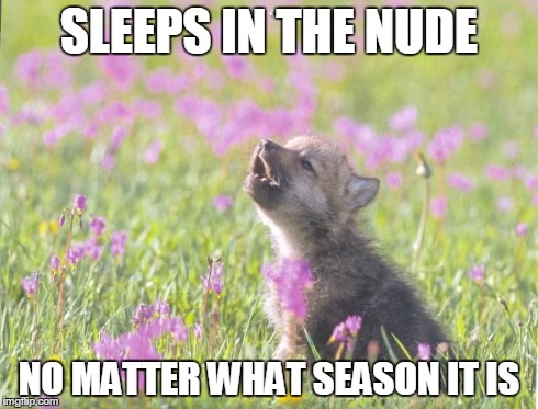 Baby Insanity Wolf Meme | SLEEPS IN THE NUDE NO MATTER WHAT SEASON IT IS | image tagged in memes,baby insanity wolf,AdviceAnimals | made w/ Imgflip meme maker