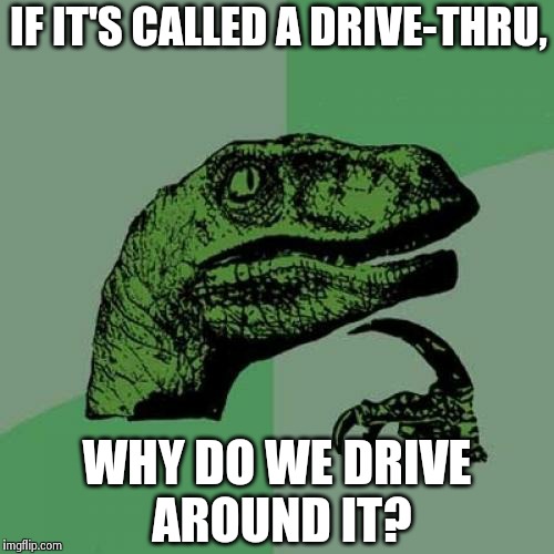 Philosoraptor | IF IT'S CALLED A DRIVE-THRU, WHY DO WE DRIVE AROUND IT? | image tagged in memes,philosoraptor | made w/ Imgflip meme maker