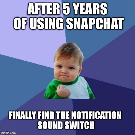Success Kid | AFTER 5 YEARS OF USING SNAPCHAT FINALLY FIND THE NOTIFICATION SOUND SWITCH | image tagged in memes,success kid | made w/ Imgflip meme maker
