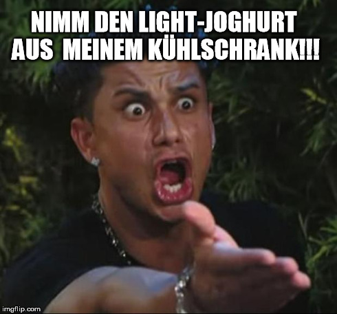 DJ Pauly D Meme | NIMM DEN LIGHT-JOGHURT AUS  MEINEM KÃœHLSCHRANK!!! | image tagged in memes,dj pauly d | made w/ Imgflip meme maker