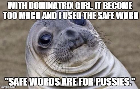 Awkward Moment Sealion | WITH DOMINATRIX GIRL, IT BECOME TOO MUCH AND I USED THE SAFE WORD "SAFE WORDS ARE FOR PUSSIES." | image tagged in memes,awkward moment sealion,AdviceAnimals | made w/ Imgflip meme maker