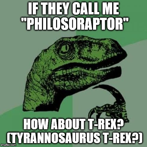 Philosoraptor Meme | IF THEY CALL ME ''PHILOSORAPTOR'' HOW ABOUT T-REX? (TYRANNOSAURUS T-REX?) | image tagged in memes,philosoraptor | made w/ Imgflip meme maker