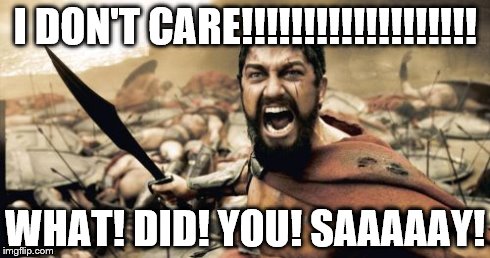 Sparta Leonidas Meme | I DON'T CARE!!!!!!!!!!!!!!!!!!! WHAT! DID! YOU! SAAAAAY! | image tagged in memes,sparta leonidas | made w/ Imgflip meme maker