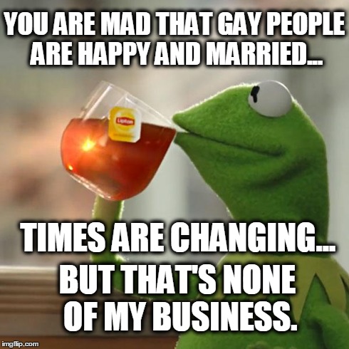 But That's None Of My Business | YOU ARE MAD THAT GAY PEOPLE ARE HAPPY AND MARRIED... TIMES ARE CHANGING... BUT THAT'S NONE OF MY BUSINESS. | image tagged in memes,but thats none of my business,kermit the frog | made w/ Imgflip meme maker