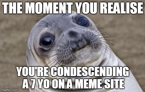 THE MOMENT YOU REALISE YOU'RE CONDESCENDING A 7 YO ON A MEME SITE | image tagged in memes,awkward moment sealion | made w/ Imgflip meme maker