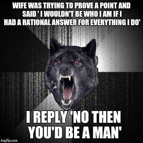 Insanity Wolf | WIFE WAS TRYING TO PROVE A POINT AND SAID ' I WOULDN'T BE WHO I AM IF I HAD A RATIONAL ANSWER FOR EVERYTHING I DO' I REPLY 'NO THEN YOU'D BE | image tagged in memes,insanity wolf,AdviceAnimals | made w/ Imgflip meme maker