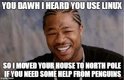 Yo Dawg Heard You Meme | YOU DAWH I HEARD YOU USE LINUX SO I MOVED YOUR HOUSE TO NORTH POLE IF YOU NEED SOME HELP FROM PENGUINS | image tagged in memes,yo dawg heard you,scumbag | made w/ Imgflip meme maker