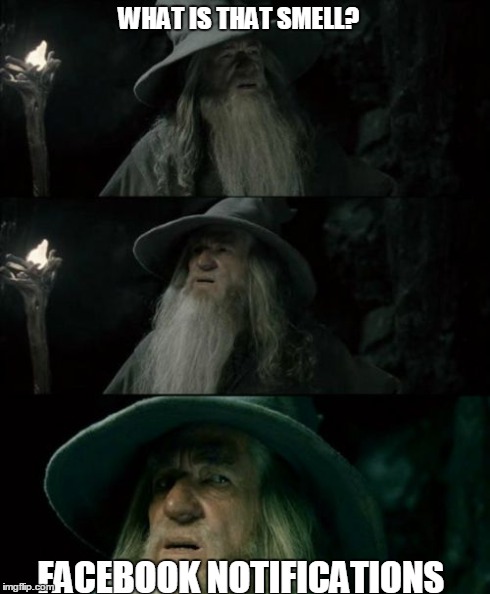 Confused Gandalf Meme | WHAT IS THAT SMELL? FACEBOOK NOTIFICATIONS | image tagged in memes,confused gandalf | made w/ Imgflip meme maker