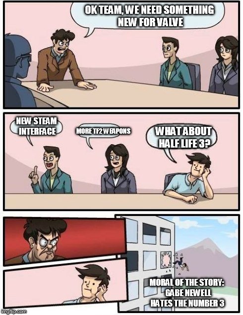 Valve Meeting Room | OK TEAM, WE NEED SOMETHING NEW FOR VALVE NEW STEAM INTERFACE MORE TF2 WEAPONS WHAT ABOUT HALF LIFE 3? MORAL OF THE STORY: 
GABE NEWELL HATES | image tagged in memes,boardroom meeting suggestion | made w/ Imgflip meme maker