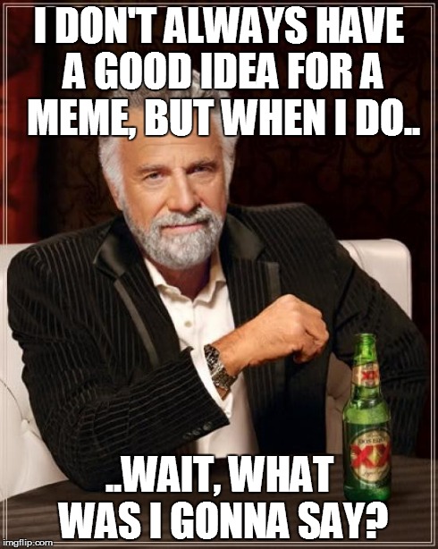 The Most Interesting Man In The World Meme | I DON'T ALWAYS HAVE A GOOD IDEA FOR A MEME, BUT WHEN I DO.. ..WAIT, WHAT WAS I GONNA SAY? | image tagged in memes,the most interesting man in the world | made w/ Imgflip meme maker