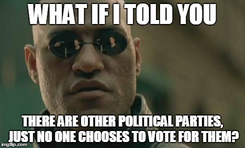 Matrix Morpheus Meme | WHAT IF I TOLD YOU THERE ARE OTHER POLITICAL PARTIES, JUST NO ONE CHOOSES TO VOTE FOR THEM? | image tagged in memes,matrix morpheus | made w/ Imgflip meme maker