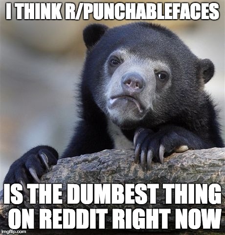 Confession Bear | I THINK R/PUNCHABLEFACES IS THE DUMBEST THING ON REDDIT RIGHT NOW | image tagged in memes,confession bear | made w/ Imgflip meme maker