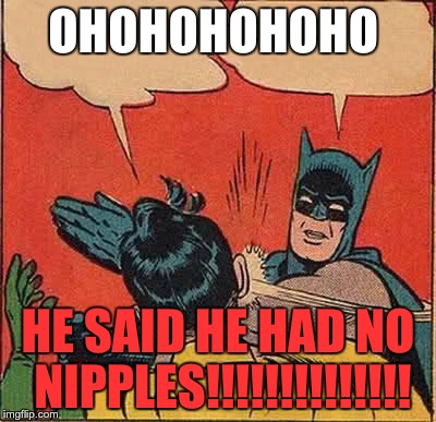 Batman Slapping Robin | OHOHOHOHOHO HE SAID HE HAD NO NIPPLES!!!!!!!!!!!!!! | image tagged in memes,batman slapping robin | made w/ Imgflip meme maker