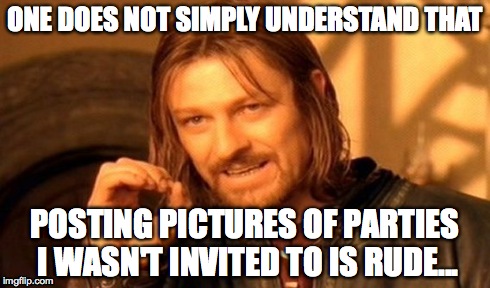 One Does Not Simply Meme | ONE DOES NOT SIMPLY UNDERSTAND THAT POSTING PICTURES OF PARTIES I WASN'T INVITED TO IS RUDE... | image tagged in memes,one does not simply | made w/ Imgflip meme maker
