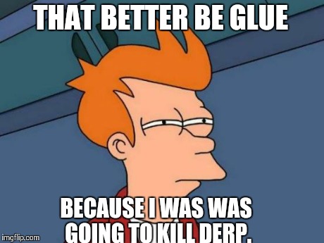 THAT BETTER BE GLUE BECAUSE I WAS WAS GOING TO KILL DERP. | image tagged in memes,futurama fry | made w/ Imgflip meme maker