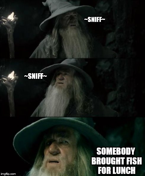 When you don't like fish but one of your colleagues does | ~SNIFF~ ~SNIFF~ SOMEBODY BROUGHT FISH FOR LUNCH | image tagged in memes,confused gandalf | made w/ Imgflip meme maker