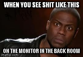 Kevin Hart Meme | WHEN YOU SEE SHIT LIKE THIS ON THE MONITOR IN THE BACK ROOM | image tagged in memes,kevin hart the hell | made w/ Imgflip meme maker
