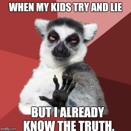 Chill Out Lemur | WHEN MY KIDS TRY AND LIE BUT I ALREADY KNOW THE TRUTH. | image tagged in memes,chill out lemur | made w/ Imgflip meme maker