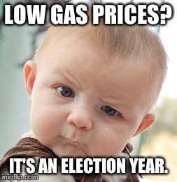 Skeptical Baby | LOW GAS PRICES? IT'S AN ELECTION YEAR. | image tagged in memes,skeptical baby | made w/ Imgflip meme maker