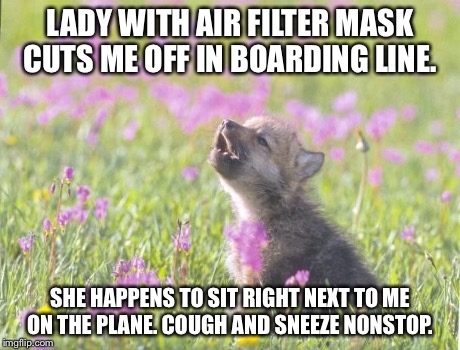 Baby Insanity Wolf | LADY WITH AIR FILTER MASK CUTS ME OFF IN BOARDING LINE. SHE HAPPENS TO SIT RIGHT NEXT TO ME ON THE PLANE. COUGH AND SNEEZE NONSTOP. | image tagged in memes,baby insanity wolf,AdviceAnimals | made w/ Imgflip meme maker
