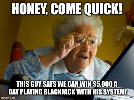 Grandma Finds The Internet Meme | HONEY, COME QUICK! THIS GUY SAYS WE CAN WIN $5,000 A DAY PLAYING BLACKJACK WITH HIS SYSTEM! | image tagged in memes,grandma finds the internet | made w/ Imgflip meme maker