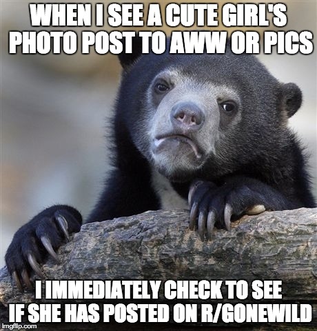 Confession Bear | WHEN I SEE A CUTE GIRL'S PHOTO POST TO AWW OR PICS I IMMEDIATELY CHECK TO SEE IF SHE HAS POSTED ON R/GONEWILD | image tagged in memes,confession bear | made w/ Imgflip meme maker