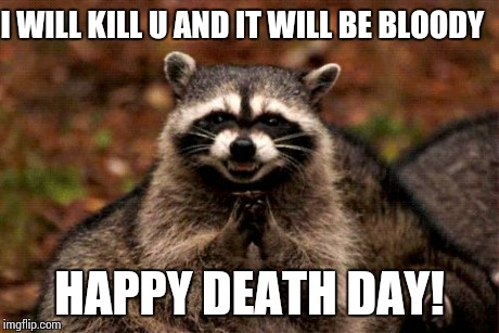 Evil Plotting Raccoon Meme | I WILL KILL U AND IT WILL BE BLOODY HAPPY DEATH DAY! | image tagged in memes,evil plotting raccoon | made w/ Imgflip meme maker