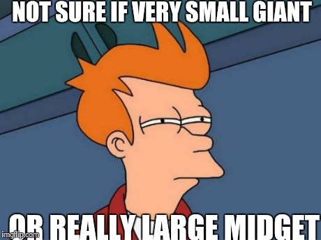 Giant? Midget? | NOT SURE IF VERY SMALL GIANT OR REALLY LARGE MIDGET | image tagged in memes,futurama fry | made w/ Imgflip meme maker