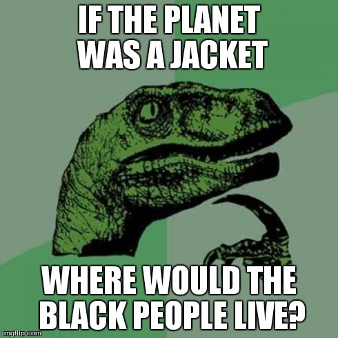Philosoraptor Meme | IF THE PLANET WAS A JACKET WHERE WOULD THE BLACK PEOPLE LIVE? | image tagged in memes,philosoraptor | made w/ Imgflip meme maker