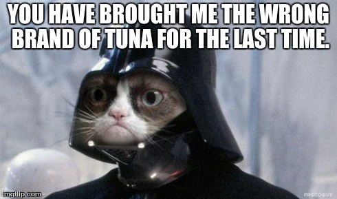 Grumpy Cat Star Wars Meme | YOU HAVE BROUGHT ME THE WRONG BRAND OF TUNA FOR THE LAST TIME. | image tagged in grumpy cat star wars | made w/ Imgflip meme maker