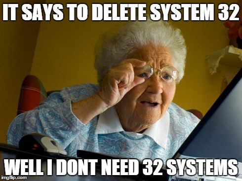 Who Needs it? | IT SAYS TO DELETE SYSTEM 32 WELL I DONT NEED 32 SYSTEMS | image tagged in memes,grandma finds the internet | made w/ Imgflip meme maker