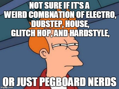 Futurama Fry | NOT SURE IF IT'S A WEIRD COMBNATION OF ELECTRO, DUBSTEP, HOUSE, GLITCH HOP, AND HARDSTYLE, OR JUST PEGBOARD NERDS | image tagged in memes,futurama fry | made w/ Imgflip meme maker