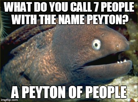Bad Joke Eel Meme | WHAT DO YOU CALL 7 PEOPLE WITH THE NAME PEYTON? A PEYTON OF PEOPLE | image tagged in memes,bad joke eel | made w/ Imgflip meme maker