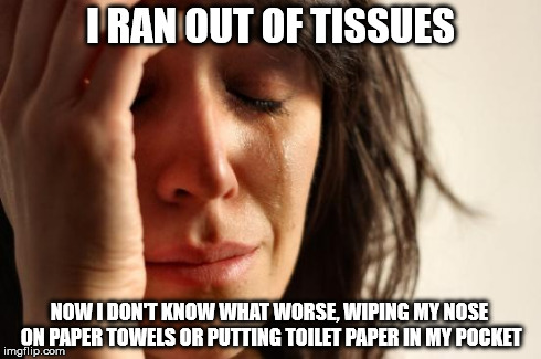 1st world pulp friction | I RAN OUT OF TISSUES NOW I DON'T KNOW WHAT WORSE, WIPING MY NOSE ON PAPER TOWELS OR PUTTING TOILET PAPER IN MY POCKET | image tagged in memes,first world problems | made w/ Imgflip meme maker