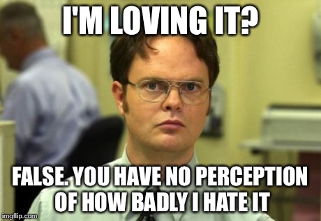 Dwight Schrute | I'M LOVING IT? FALSE. YOU HAVE NO PERCEPTION OF HOW BADLY I HATE IT | image tagged in memes,dwight schrute | made w/ Imgflip meme maker