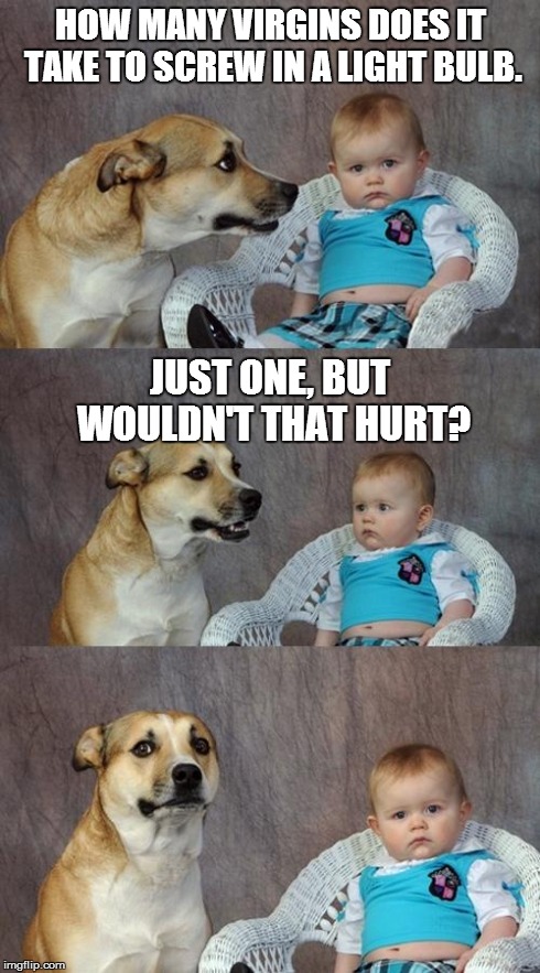 Joke Dog | HOW MANY VIRGINS DOES IT TAKE TO SCREW IN A LIGHT BULB. JUST ONE, BUT WOULDN'T THAT HURT? | image tagged in memes,dad joke dog | made w/ Imgflip meme maker