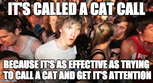 Sudden Clarity Clarence Meme | IT'S CALLED A CAT CALL BECAUSE IT'S AS EFFECTIVE AS TRYING TO CALL A CAT AND GET IT'S ATTENTION | image tagged in memes,sudden clarity clarence,AdviceAnimals | made w/ Imgflip meme maker