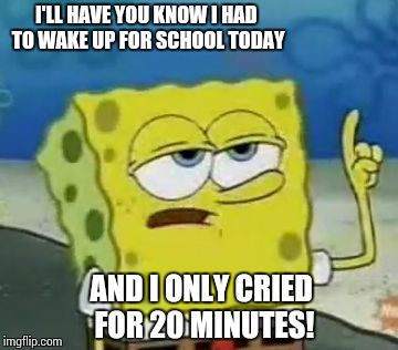 I'll Have You Know Spongebob | I'LL HAVE YOU KNOW I HAD TO WAKE UP FOR SCHOOL TODAY AND I ONLY CRIED FOR 20 MINUTES! | image tagged in memes,ill have you know spongebob | made w/ Imgflip meme maker